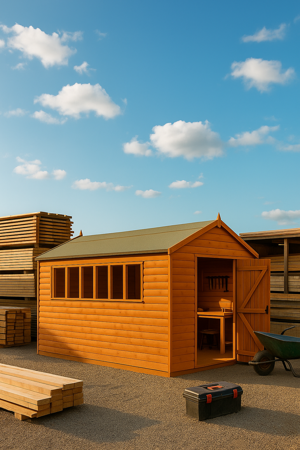 Forge XL wooden loglap garden workshop with open double doors and windows in a yard setting under blue sky with clouds