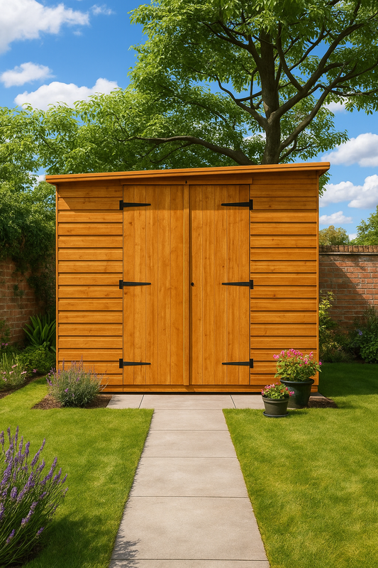 Foundry Studio wooden garden workshop with pent roof, full-pane windows, and double doors on garden path surrounded by greenery and flowers