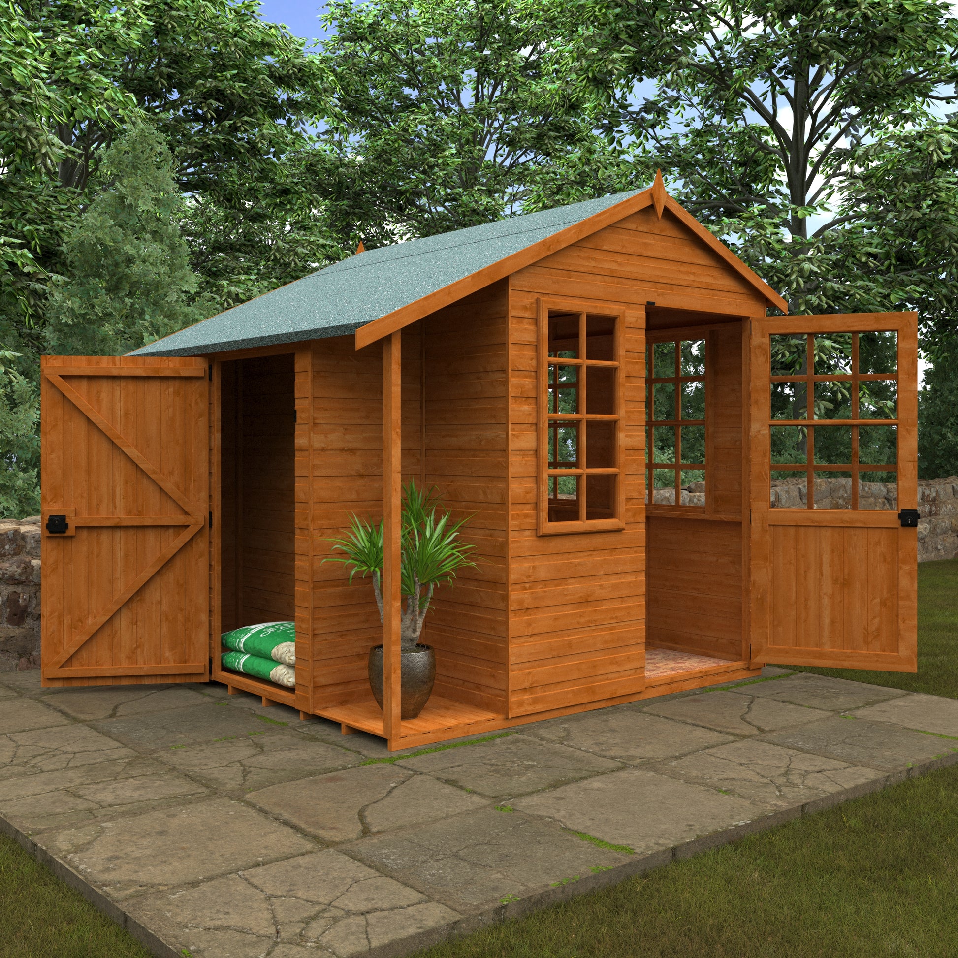 Garden Duo wooden garden building with green roof on stone patio with trees in background