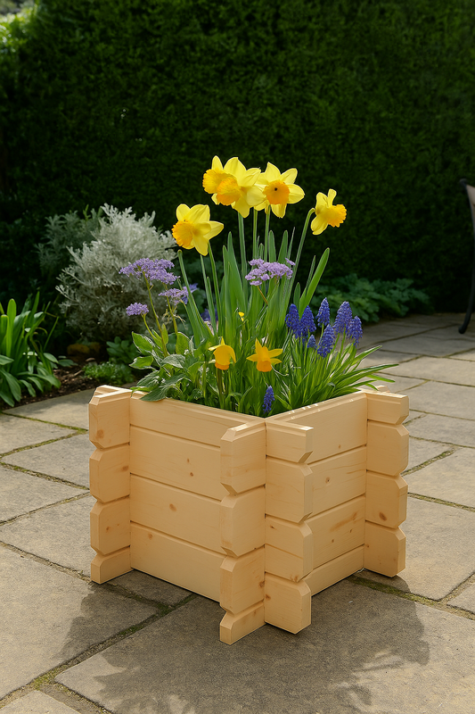 Gardenview wooden raised planter with interlocking log walls, filled with yellow and purple flowers on patio