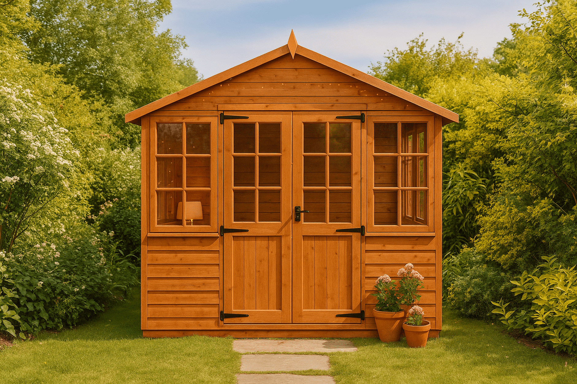 Georgian Garden Room wooden summerhouse with half-glazed double doors, matching windows, and shiplap cladding in garden setting