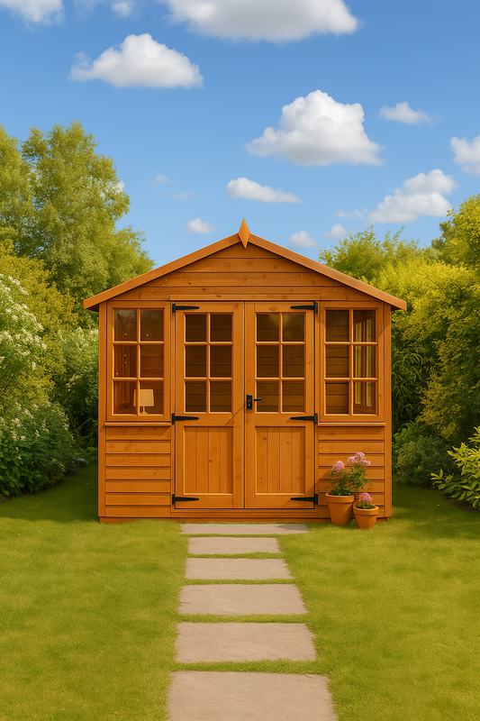 Georgian Garden Room wooden summerhouse with half-glazed double doors, matching windows, and shiplap cladding in garden setting