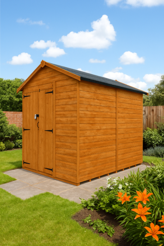 Guardian wooden garden shed with double doors, security slit windows, shiplap tongue-and-groove cladding, and black felt roof under clear blue sky