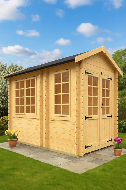 Hawkhurst wooden garden cabin with half-glazed Georgian double doors, portrait windows, black felt roof, on grassy area with blue sky