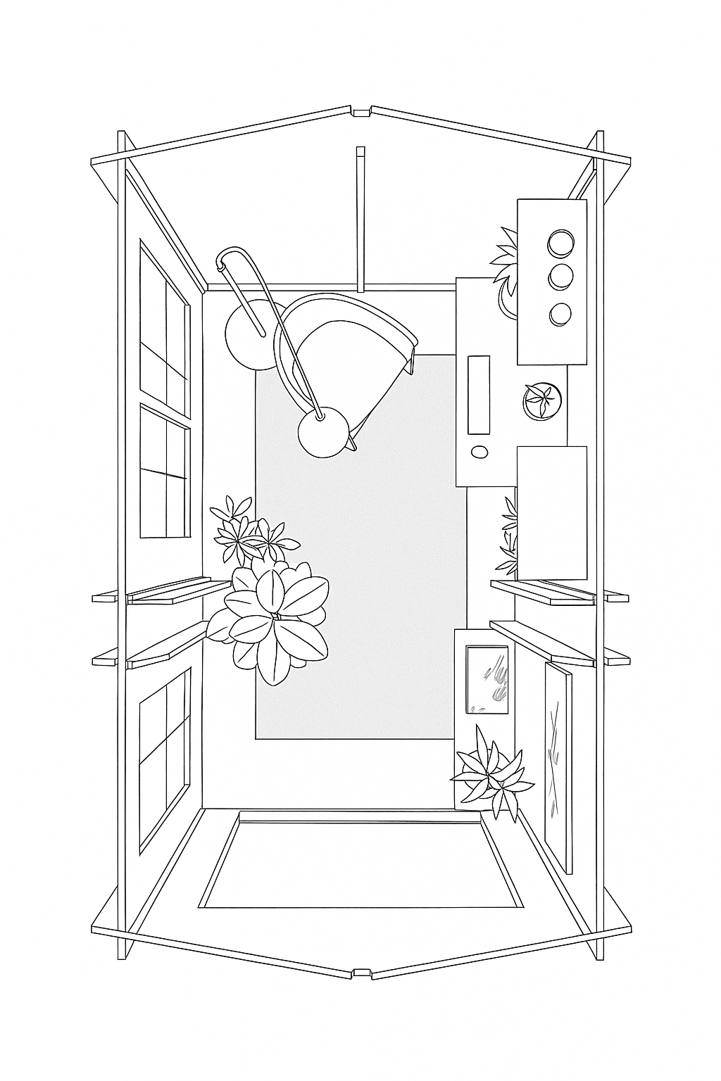 Hawkhurst wooden garden cabin interior with chair, shelves, and plants