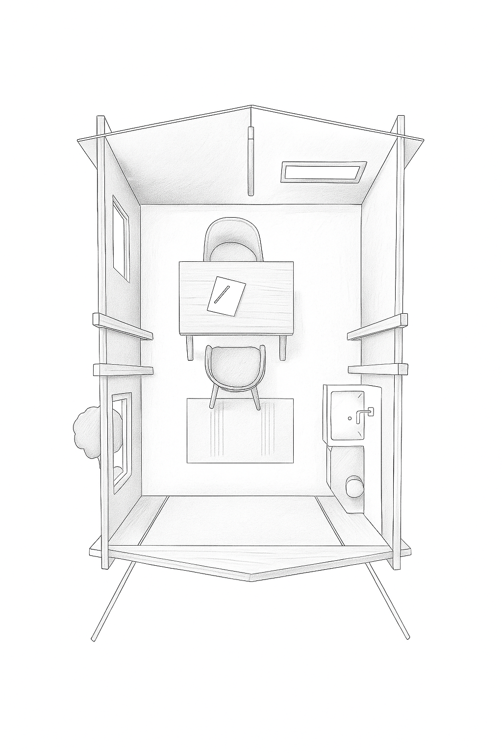 Line drawing of a small room with a toilet, sink, and mirror.