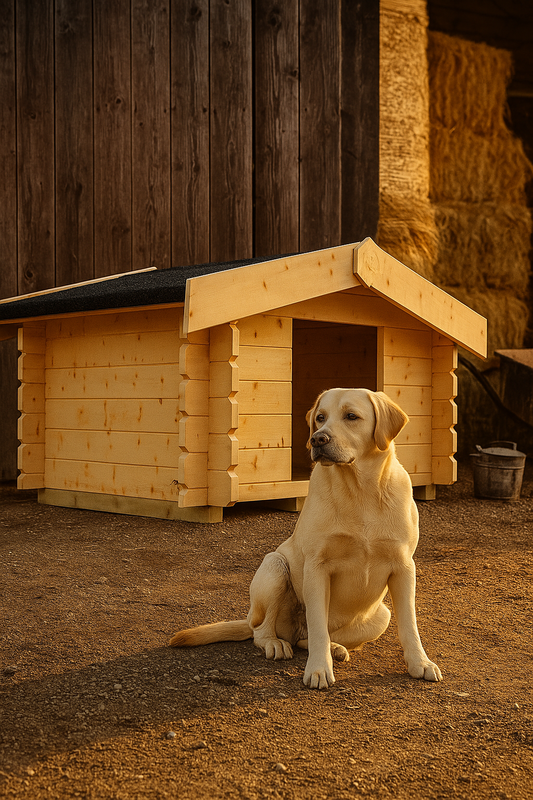 Hearthside wooden dog lodge with interlocking log walls, tongue-and-groove roof, black felt covering, and dog sitting in front with hay bales in background