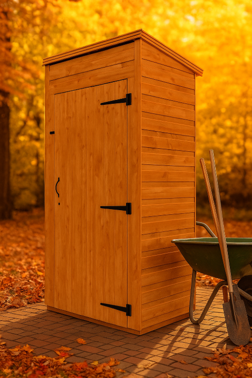 Highgate wooden garden tool room with shiplap tongue-and-groove cladding, black felt roof, and wheelbarrow in front set against autumn background
