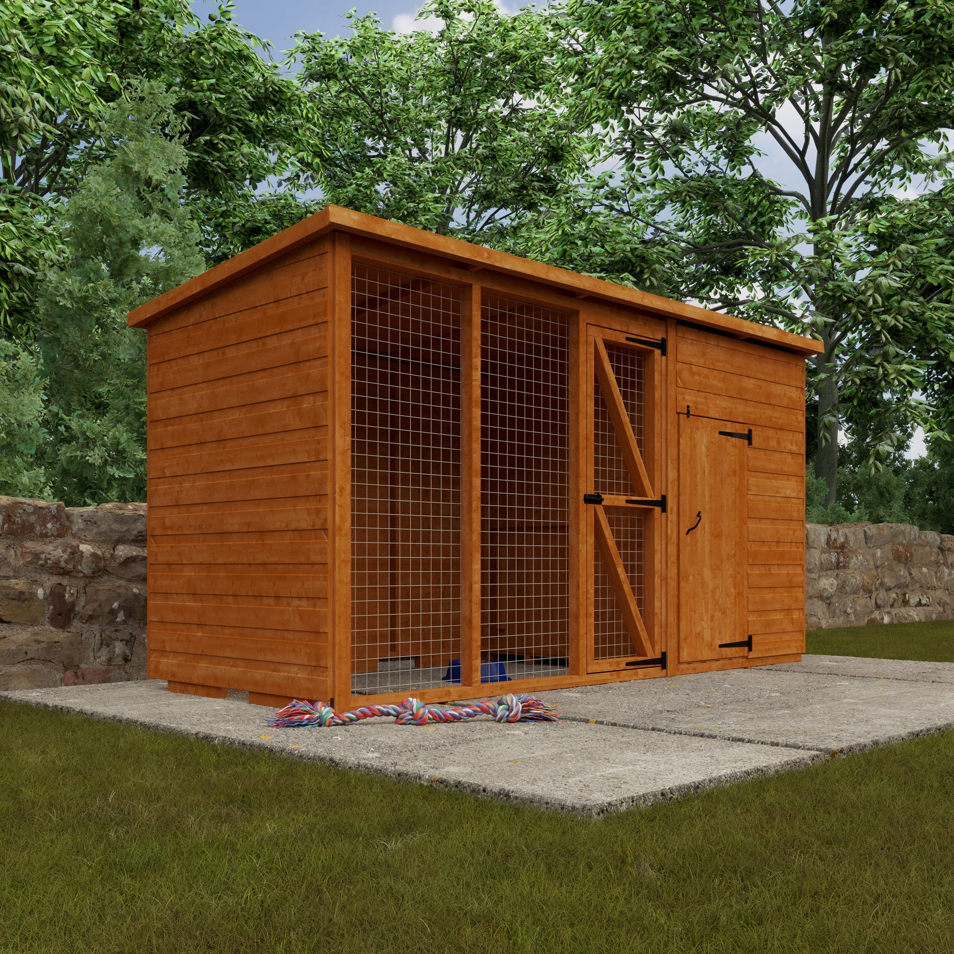 Homestead wooden pet shelter with enclosed house and outdoor run  on grassy area