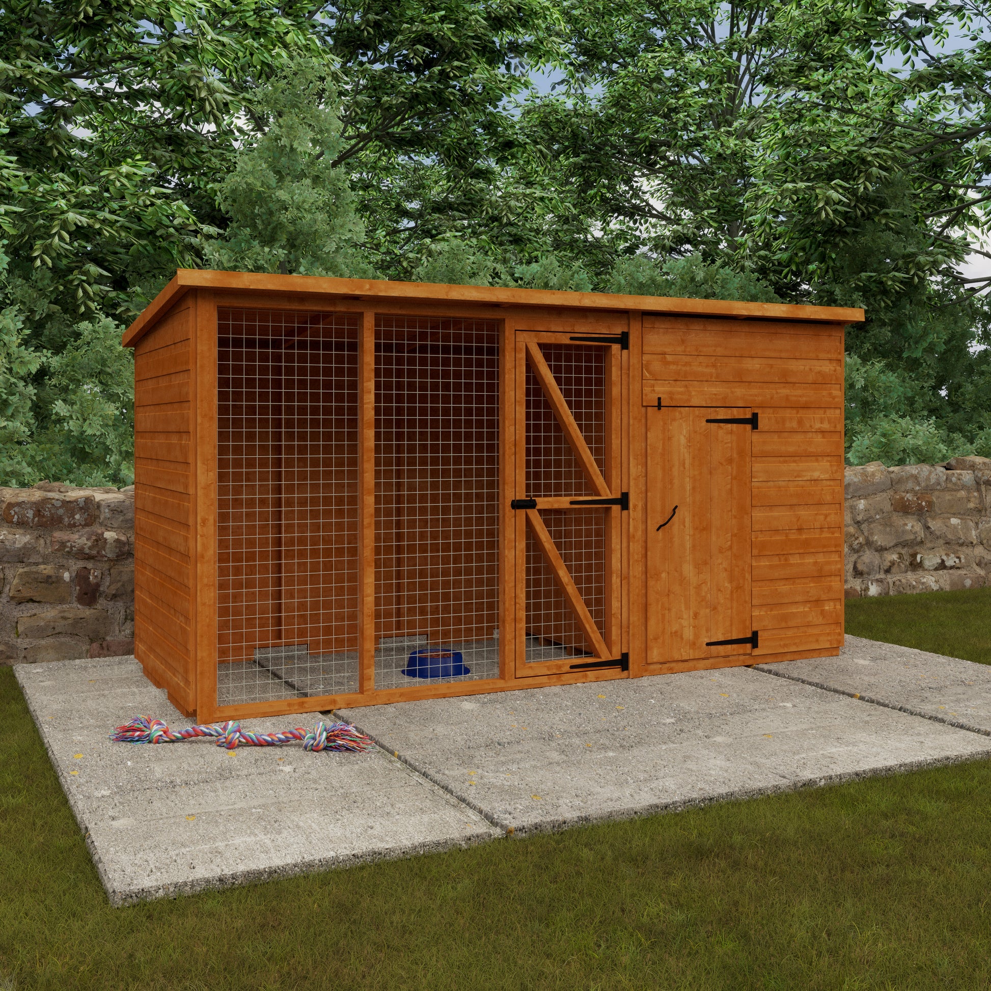 Homestead wooden pet shelter with enclosed house and outdoor run  on grassy area