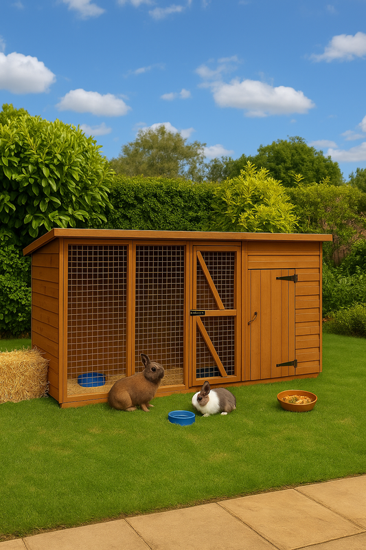 Homestead wooden pet shelter with enclosed house and outdoor run containing two rabbits on a grassy area