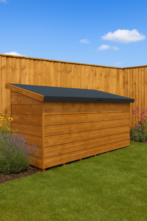 Ironclad wooden garden tool chest with lean-to design, shiplap tongue-and-groove cladding, and black felt roof in garden setting