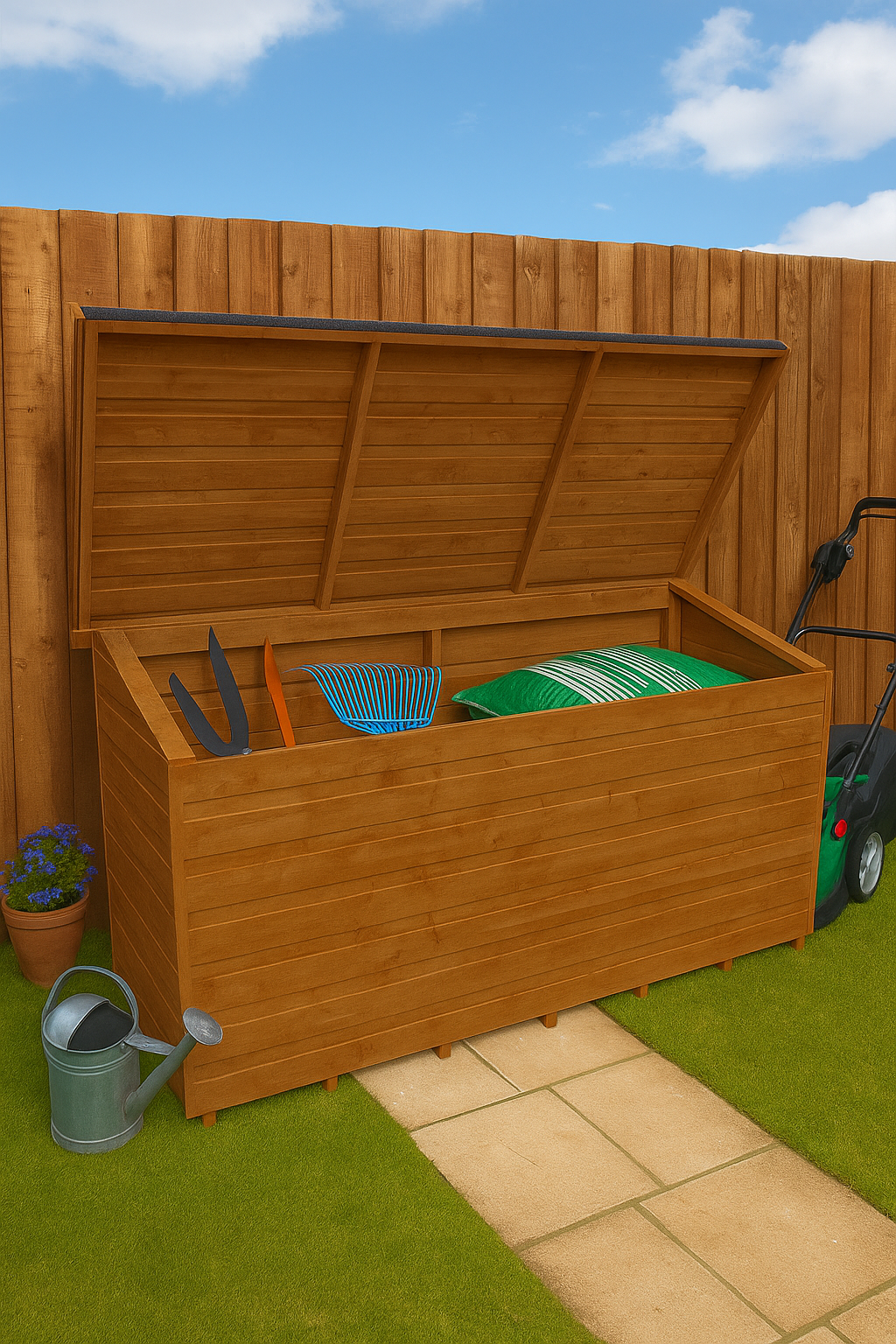 Ironclad wooden garden storage chest with lean-to design, shiplap tongue-and-groove cladding, and tools on patio area