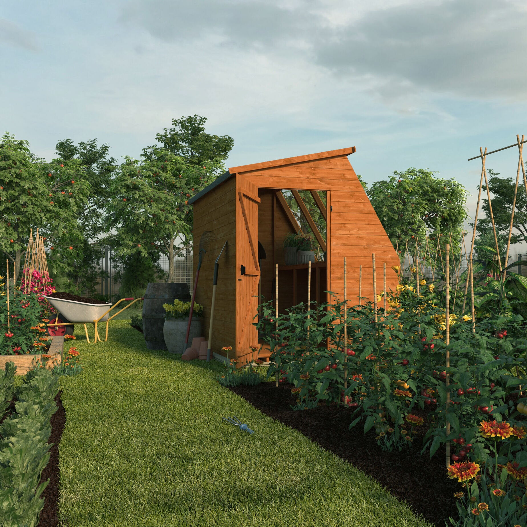 Jewel Shed wooden potting shed with glass panels in garden surrounded by greenery and tools