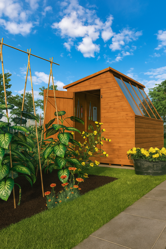 Jewel Shed wooden potting shed with glass roof, side windows, built-in shelf, and shiplap cladding in garden with plants and flowers