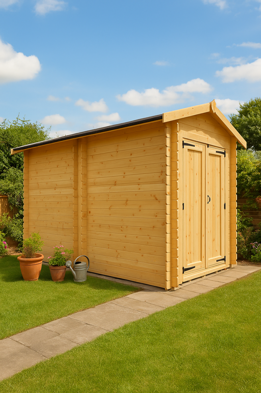 Kingswell wooden garden cabin with fully boarded double doors, interlocking log walls, and black felt roof beside garden path and plants on a sunny day