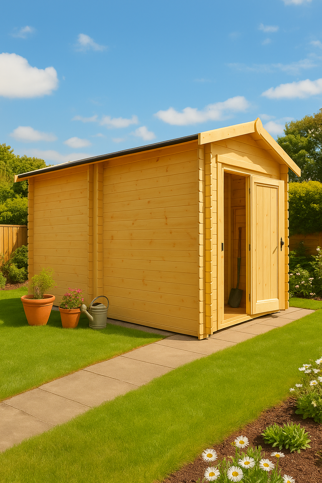Kingswell wooden garden cabin with fully boarded double doors, interlocking log walls, and open door on grassy area under blue sky