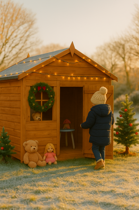 Little Haven wooden children’s playhouse with Georgian windows, Christmas lights, wreath, and festive decorations