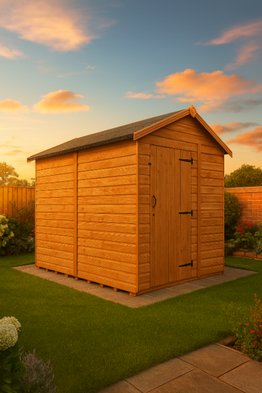 Lockwood wooden garden shed with shiplap tongue-and-groove cladding, double doors, and black felt roof on grass under colourful sky
