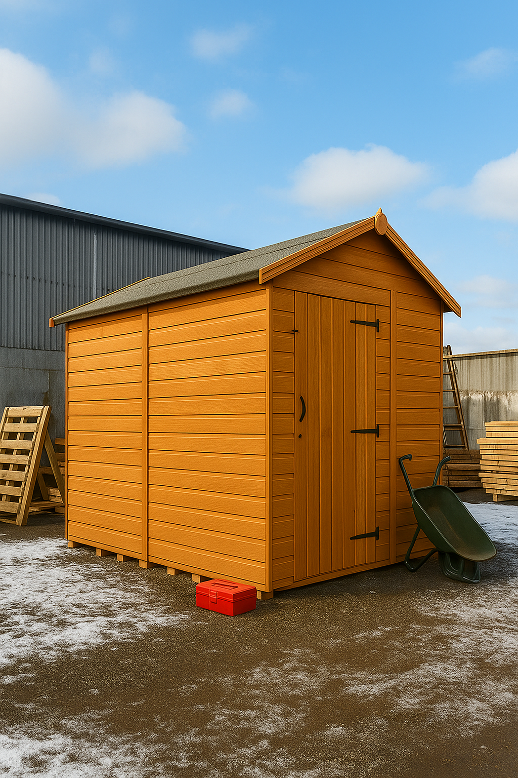 Lockwood wooden garden shed with shiplap tongue-and-groove cladding, double doors, and black felt roof on snowy ground with blue sky