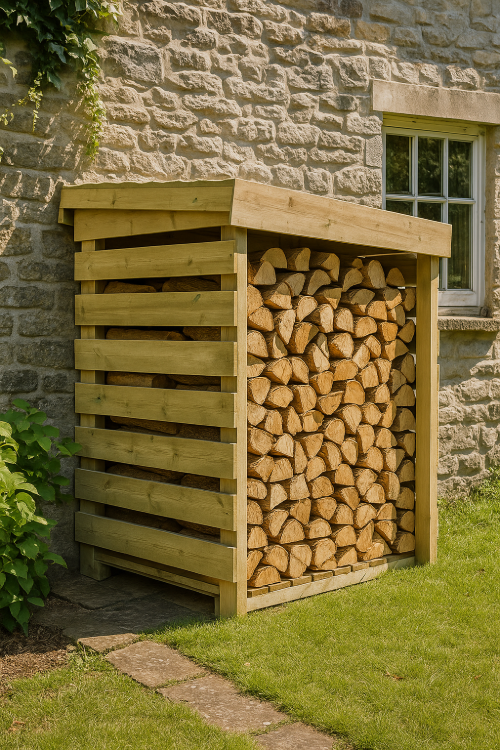 Longford wooden log store with pressure-treated timber, slatted sides for air circulation, and stacked firewood against stone wall