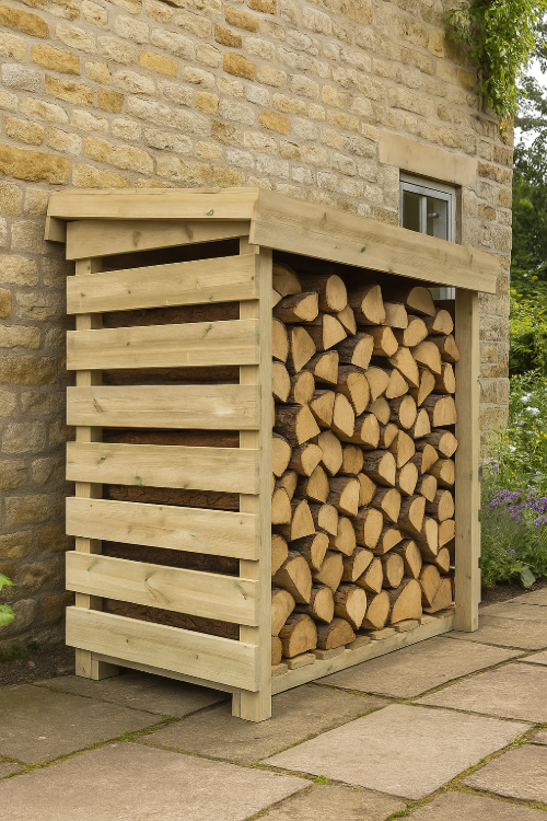Longford wooden log store with pressure-treated timber, slatted sides for ventilation, and firewood stacked against stone wall