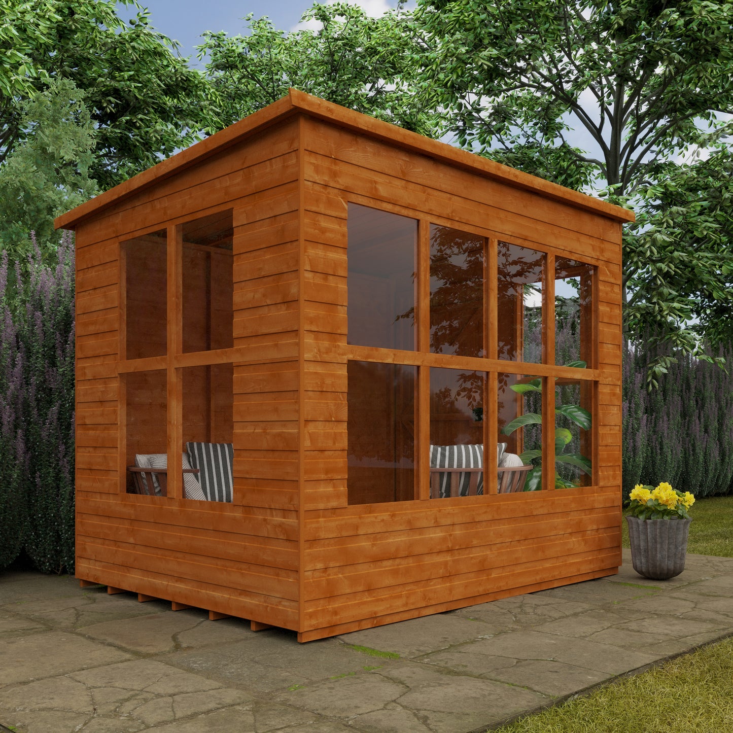 Lookout wooden garden shed with 14 fixed windows, shiplap tongue-and-groove cladding, and open door in garden setting