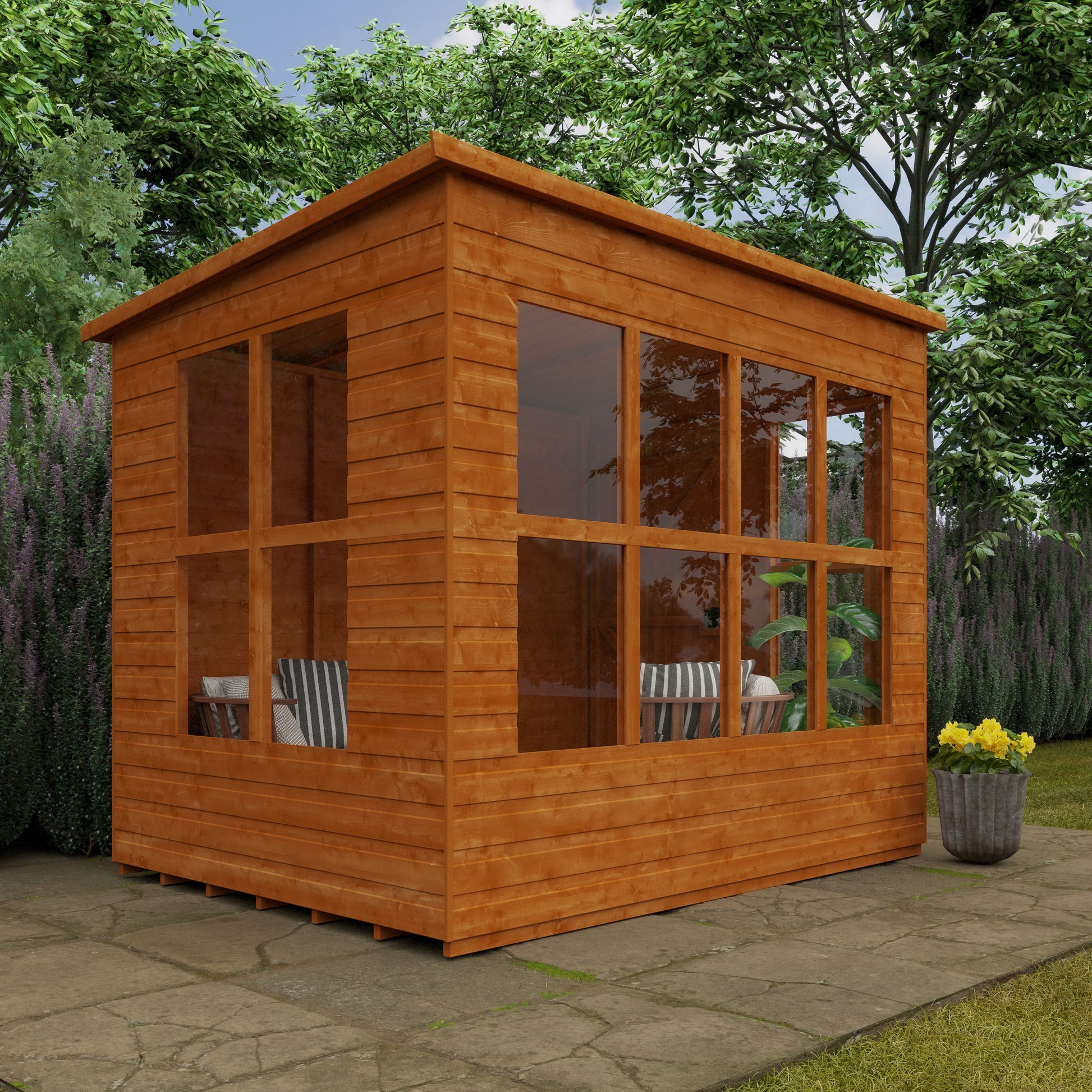 Lookout wooden garden shed with 14 fixed windows, shiplap tongue-and-groove cladding, and open door in garden setting