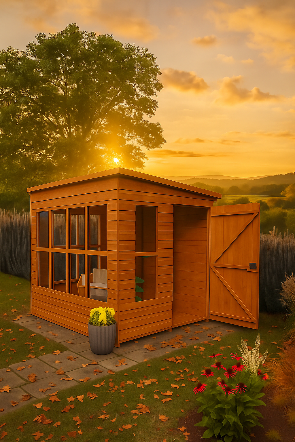 Lookout wooden garden shed with 14 fixed windows, shiplap tongue-and-groove cladding, and an open door in setting with stunning views