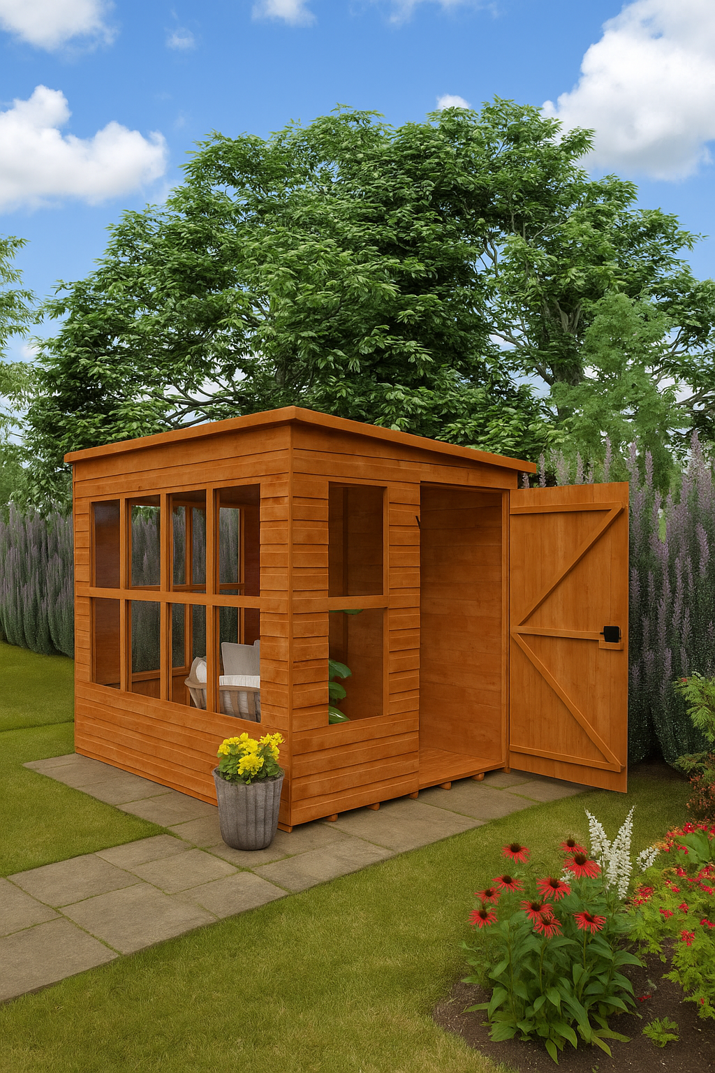 Lookout wooden garden shed with 14 fixed windows, shiplap tongue-and-groove cladding, and an open door in garden setting