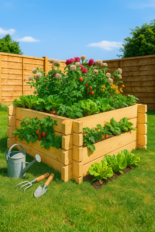 Meadowcrest wooden raised garden bed with interlocking log walls, plants, tools, and watering can on grass