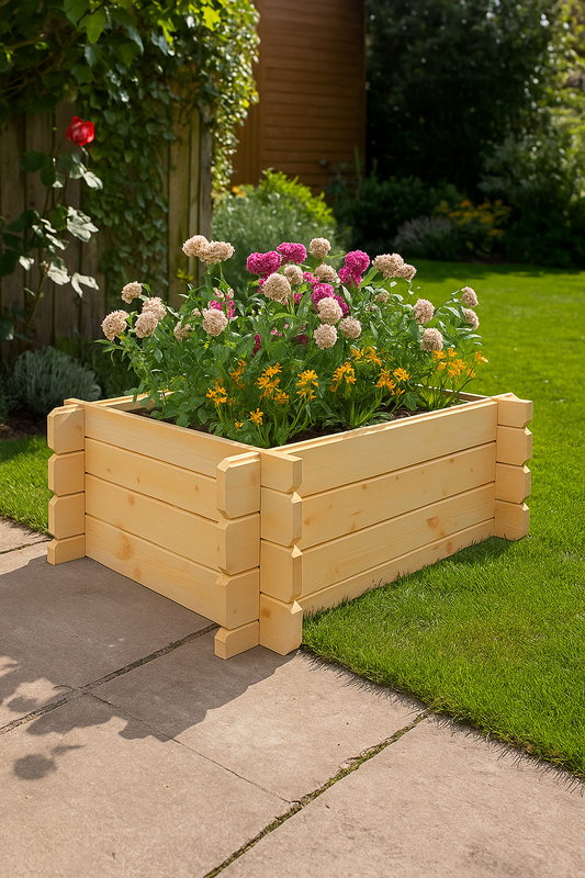 Meadowcrest wooden raised garden bed with interlocking log walls, filled with flowers in garden setting