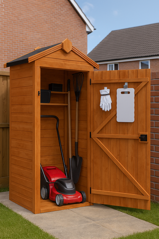 Millbridge wooden garden tool tower with shiplap tongue-and-groove cladding, gabled roof, and black felt covering on patio with tools and lawnmower