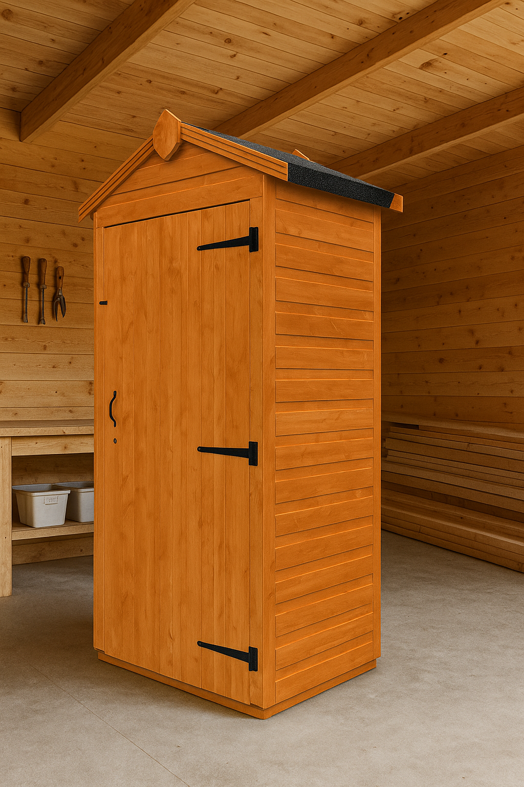 Millbridge wooden garden tool tower interior inside wooden building with tools on wall