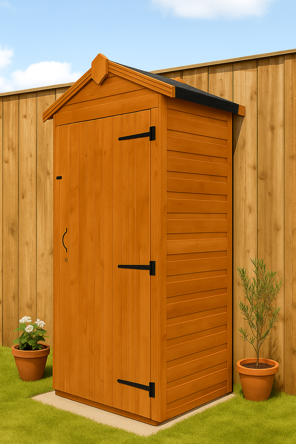Millbridge wooden garden tool tower with shiplap tongue-and-groove cladding, roof overhang, black felt roof on grassy area with wooden fence and potted plants