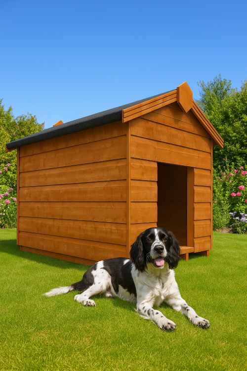Oakleigh wooden dog kennel with shiplap tongue-and-groove cladding, black felt roof, and dog sitting in front 
