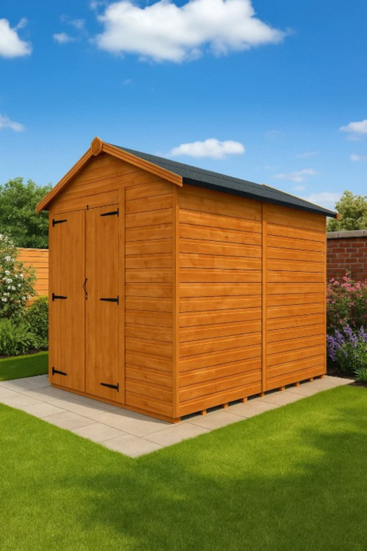 Oakley wooden garden shed with double doors, toughened glass windows, shiplap tongue-and-groove cladding, and black felt roof on grass under blue sky