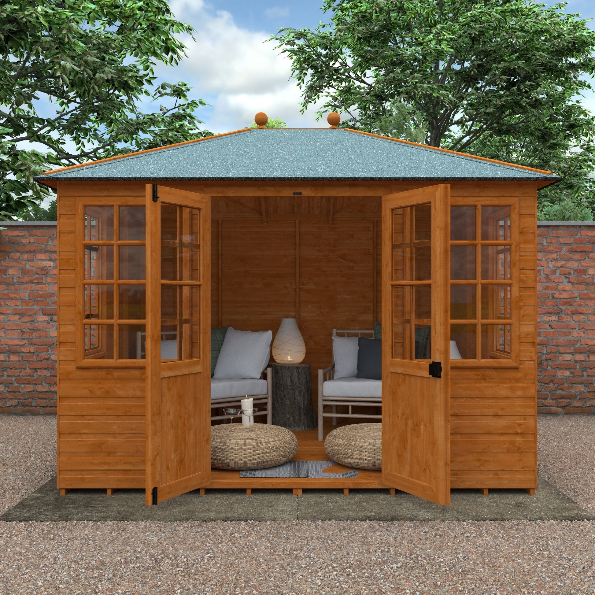 Pavilion wooden garden summerhouse with hipped roof, Georgian-style windows, and open double doors showing interior furniture and decor.