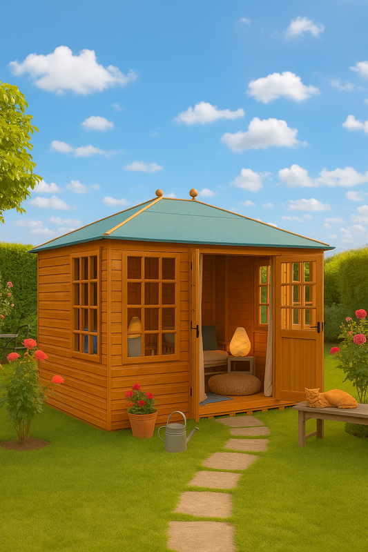 Pavilion wooden garden summerhouse with hipped green roof, Georgian-style windows, and half-glazed double doors in sunny garden setting