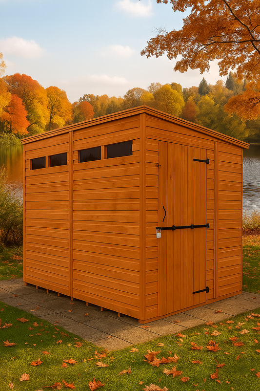 Sentinel wooden garden shed with security slit windows, shiplap tongue-and-groove cladding, and black felt roof beside water with autumn trees in background
