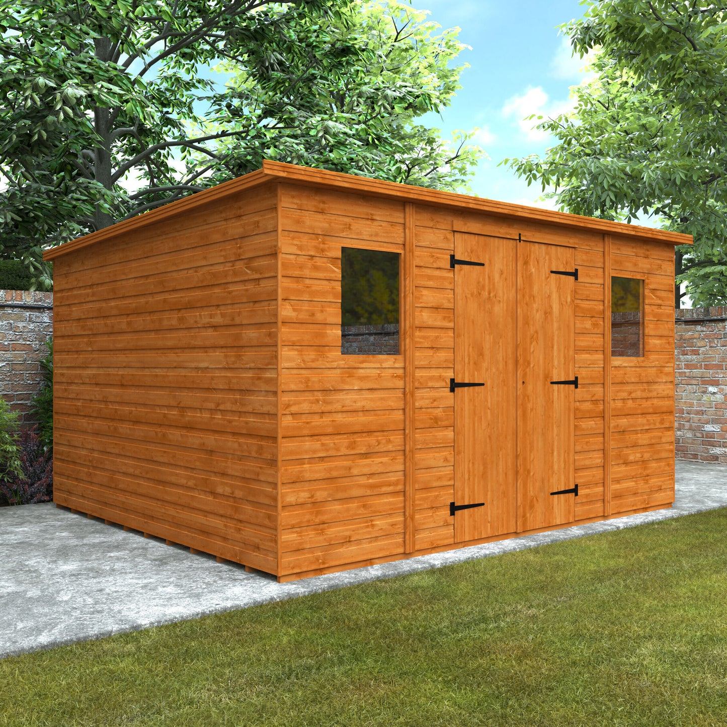 Sidebay wooden garden workshop with flat roof, door, and windows in garden setting