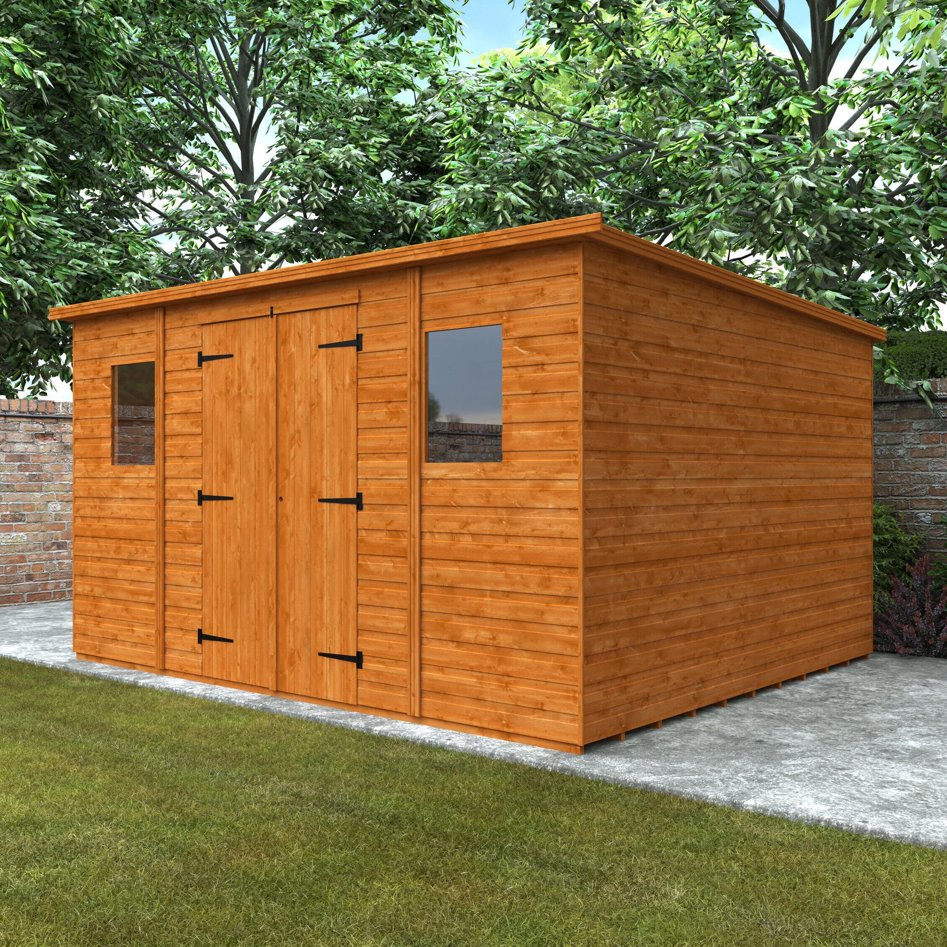 Sidebay wooden garden workshop with flat slanted roof in garden setting with trees and stone wall