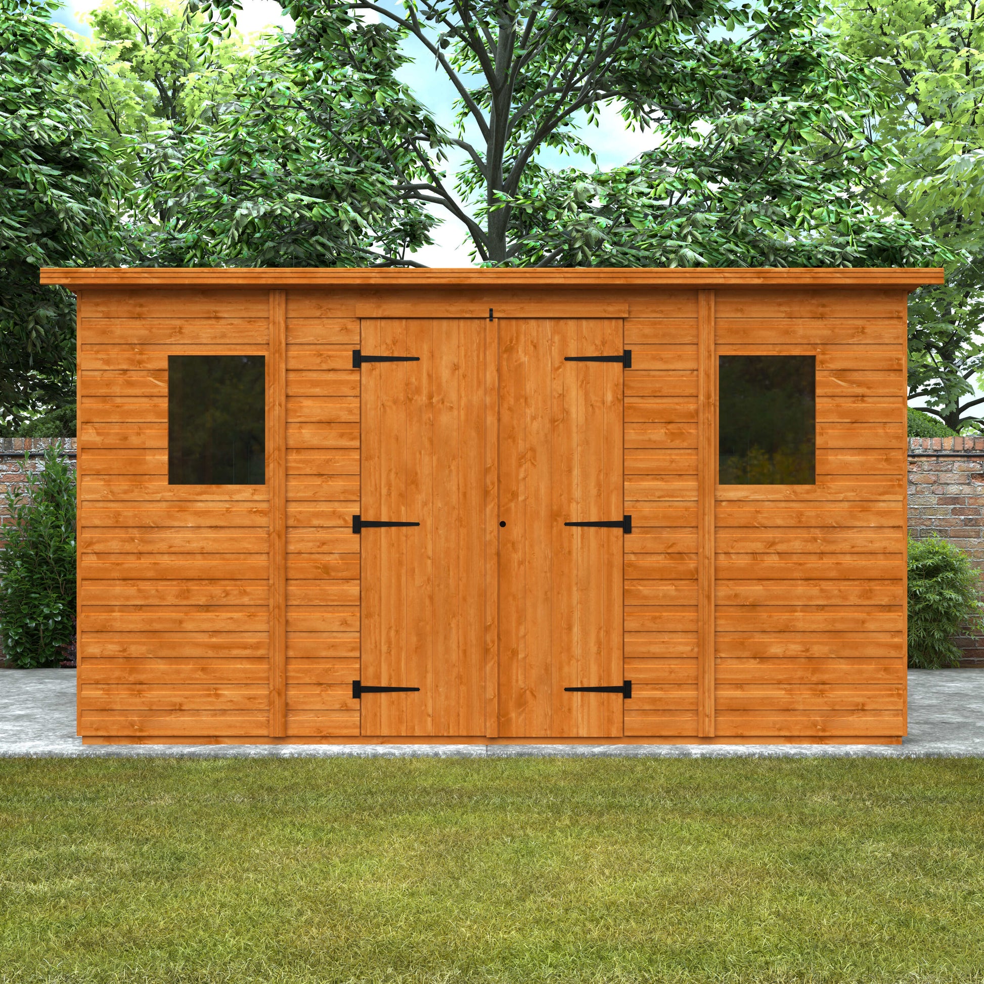 Sidebay wooden garden workshop with flat roof, closed doors