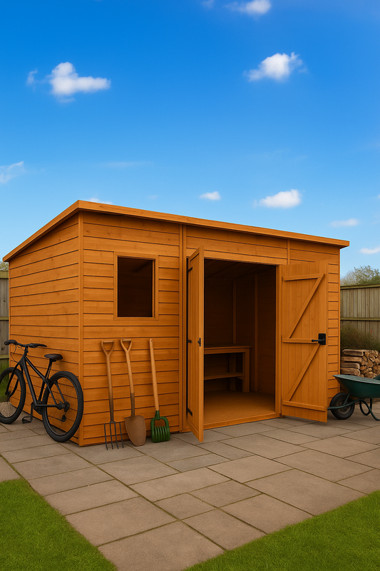 Sidebay wooden garden workshop with flat roof, open door, bicycle, and gardening tools on tiled patio under blue sky