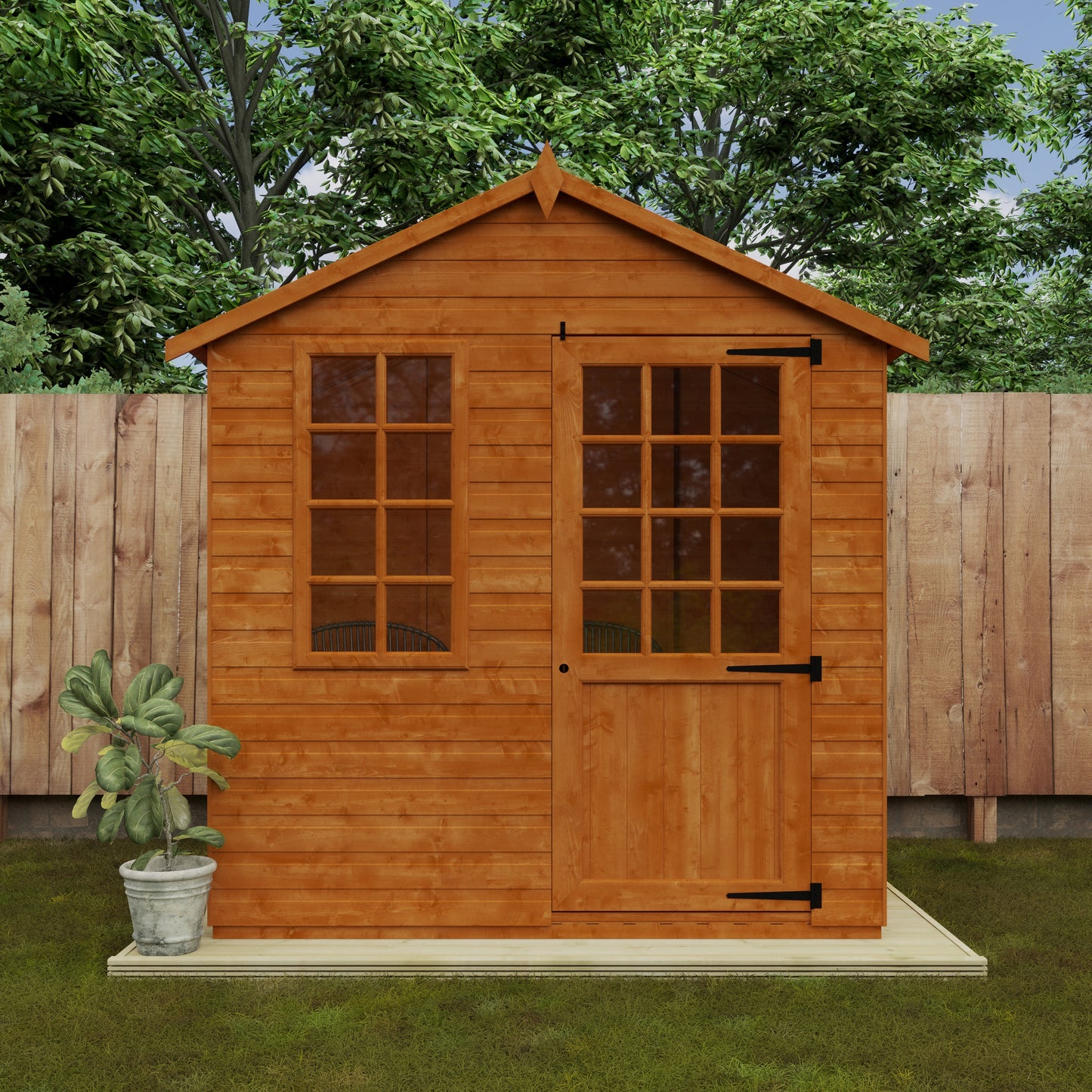 Summer Breeze wooden garden room with half-glazed Georgian door, opening window, and outdoor furniture 