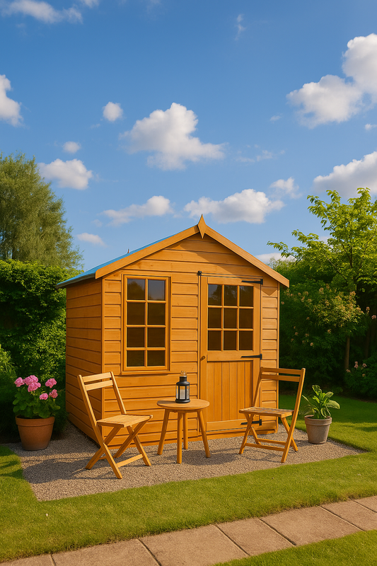 Summer Breeze wooden garden room with half-glazed Georgian door, opening window, and outdoor furniture on sunny day