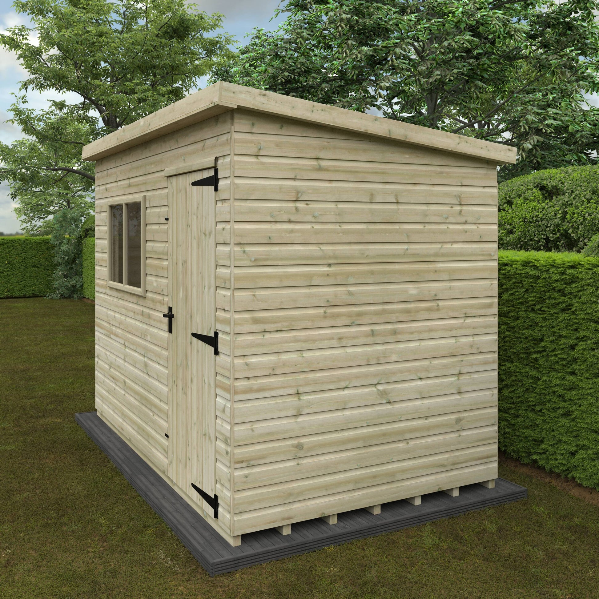 Summit wooden pent shed with tongue-and-groove cladding, tools on grassy area