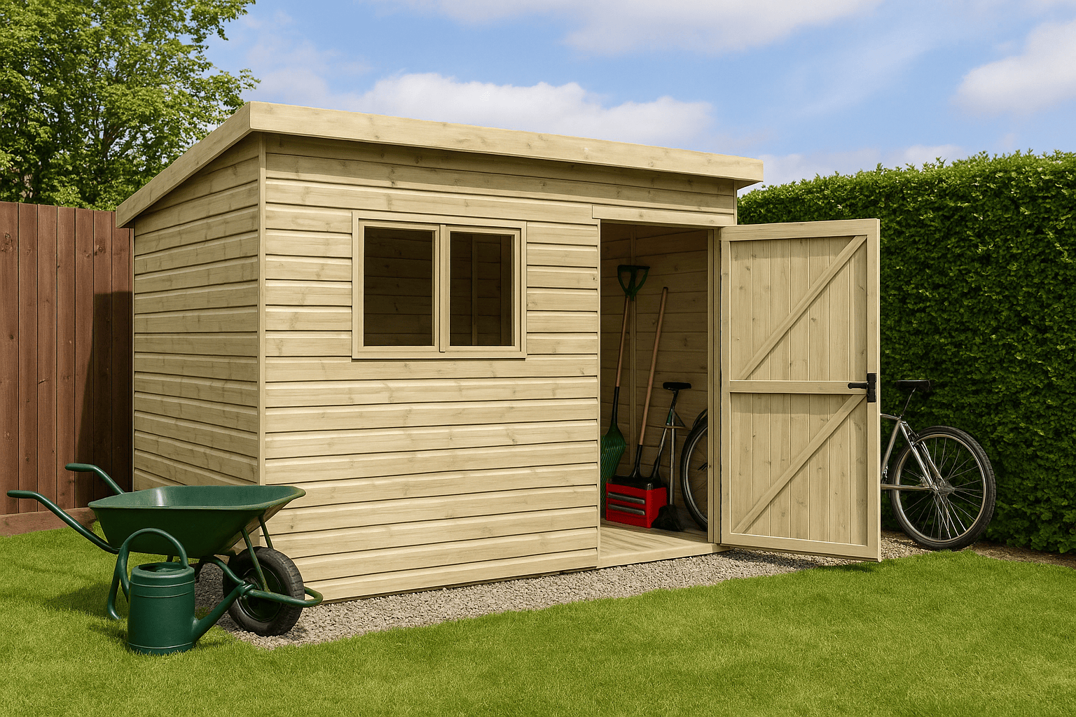 Summit wooden pent shed with tongue-and-groove cladding, tools, and wheelbarrow on grassy area