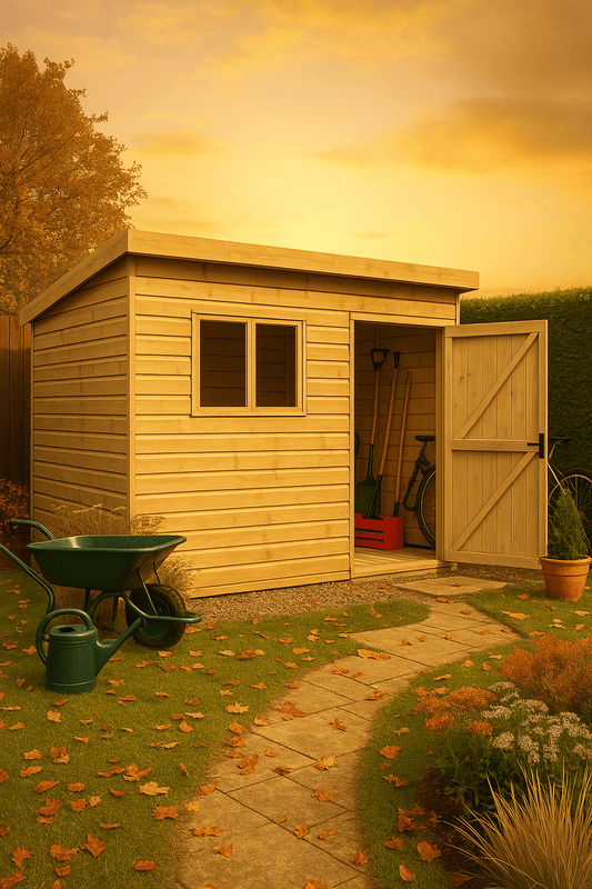 Summit wooden pent shed with extra-thick tongue-and-groove cladding, open door, and black felt roof in garden at sunset