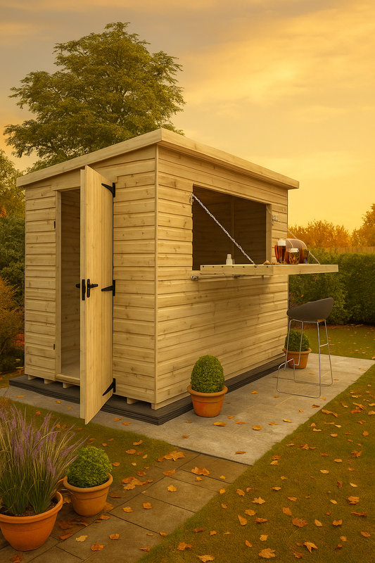 Taproom wooden bar shed with fold-down serving hatch, shiplap cladding, and outdoor bar setup in garden at sunset.